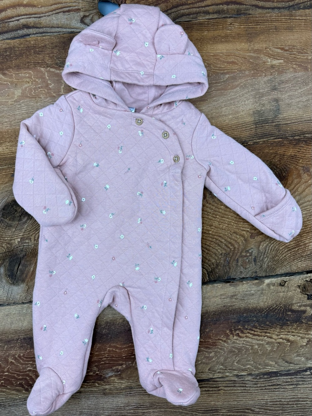 Pink Quilted Hooded Baby One-Piece